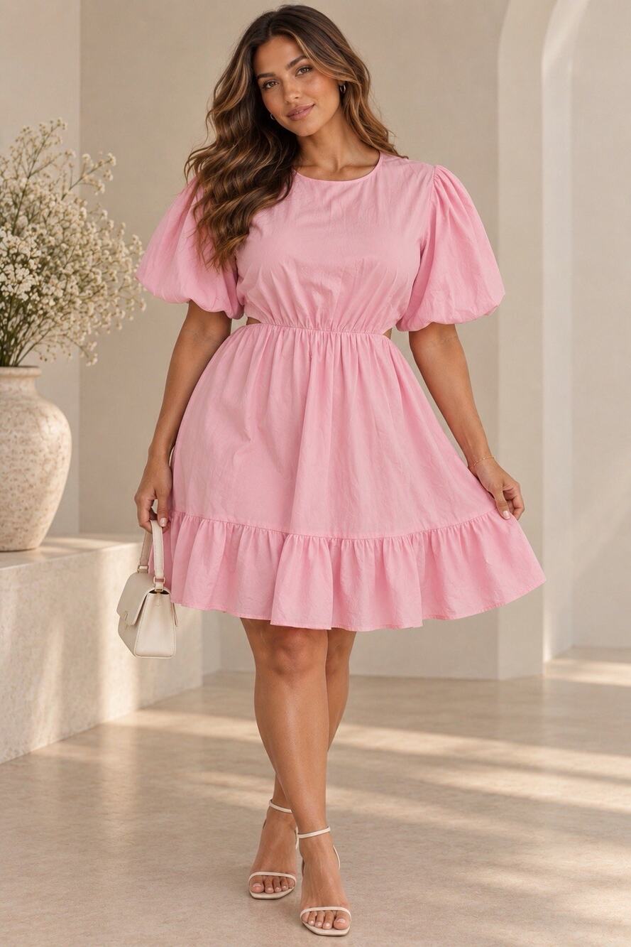 NWT WAYF Pink Cutout Mini Dress XL Cotton Blend Puff Sleeve Ruffle Hem Coquette